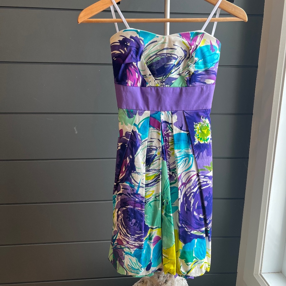 NWOT Strapless Dress in White & Purple